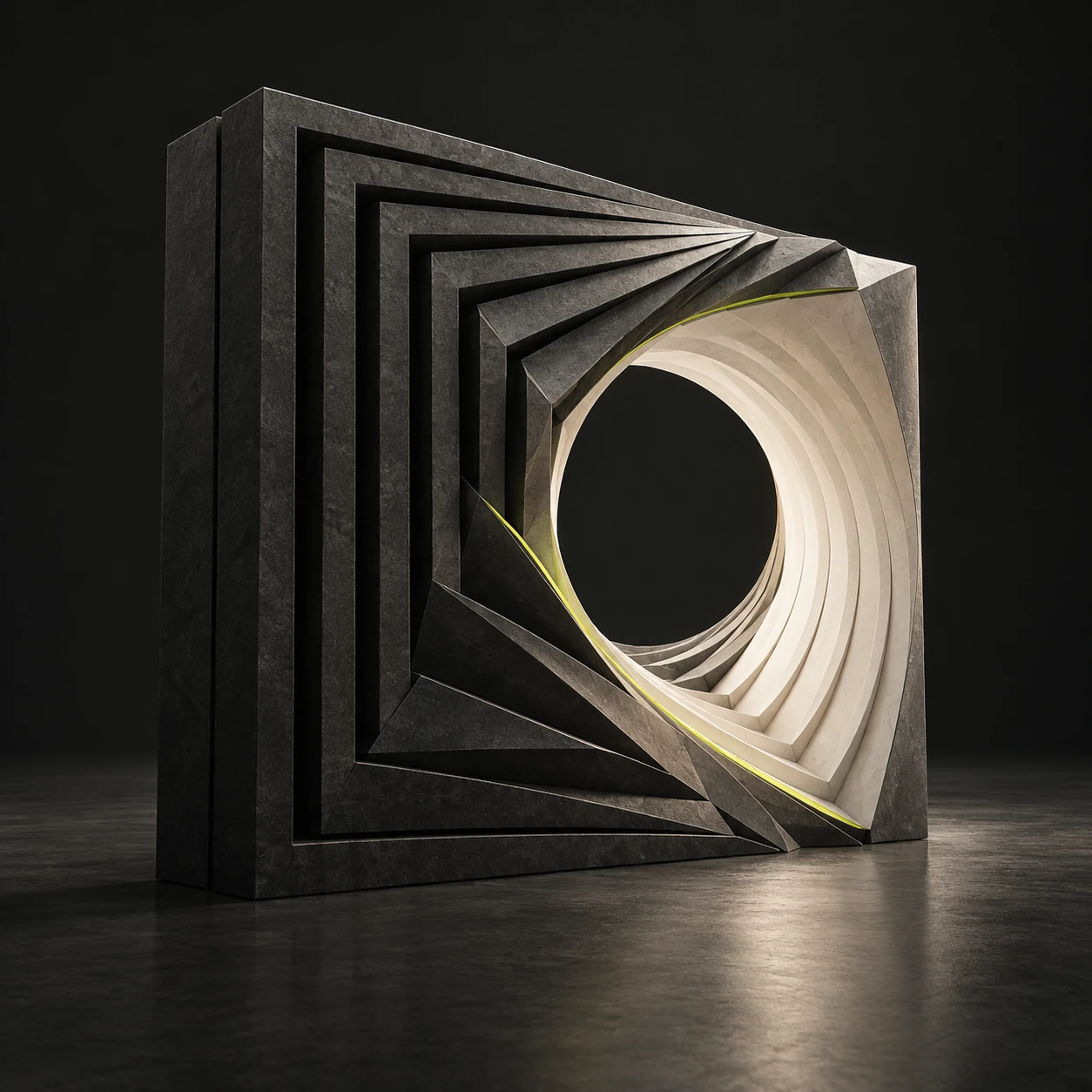 Layered square frames transform into a circular opening, expressing a business taking a new form.