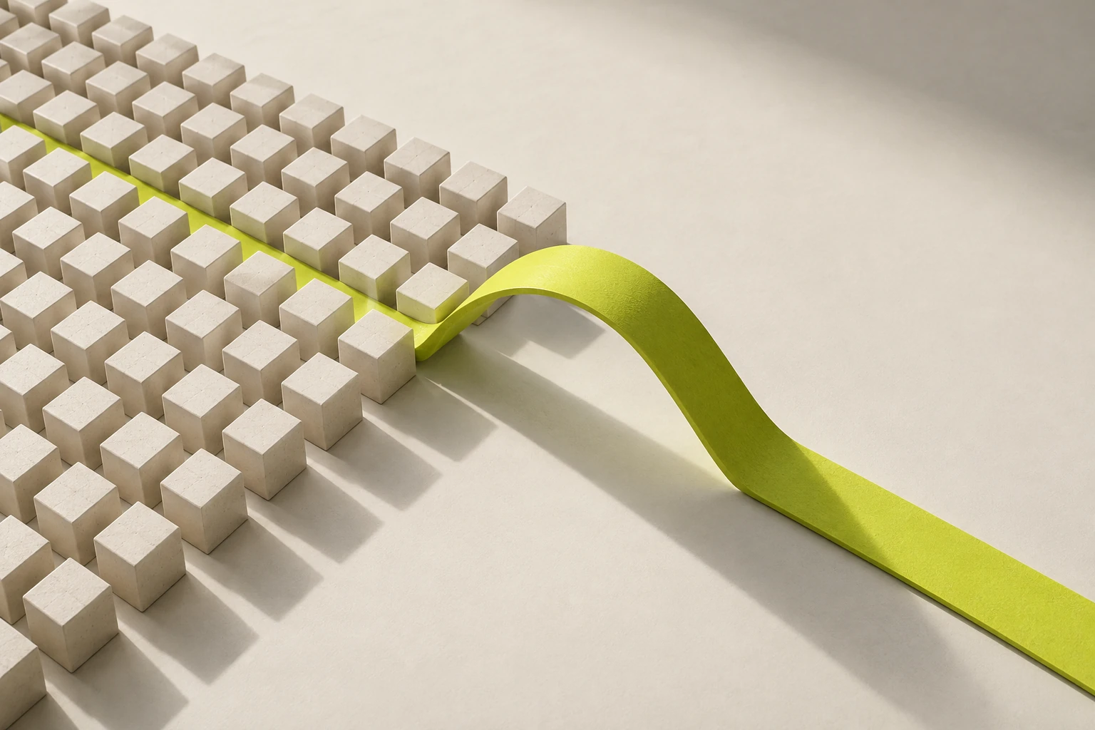 A chartreuse path lifts free of a rigid grid of blocks, revealing a new route.