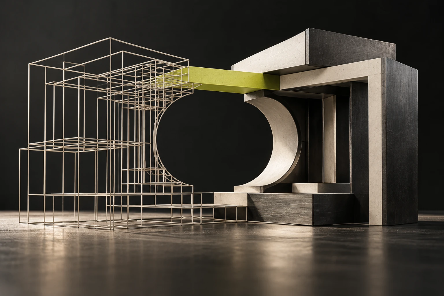 A precise wireframe is connected to a finished architectural structure, turning an idea into physical form.